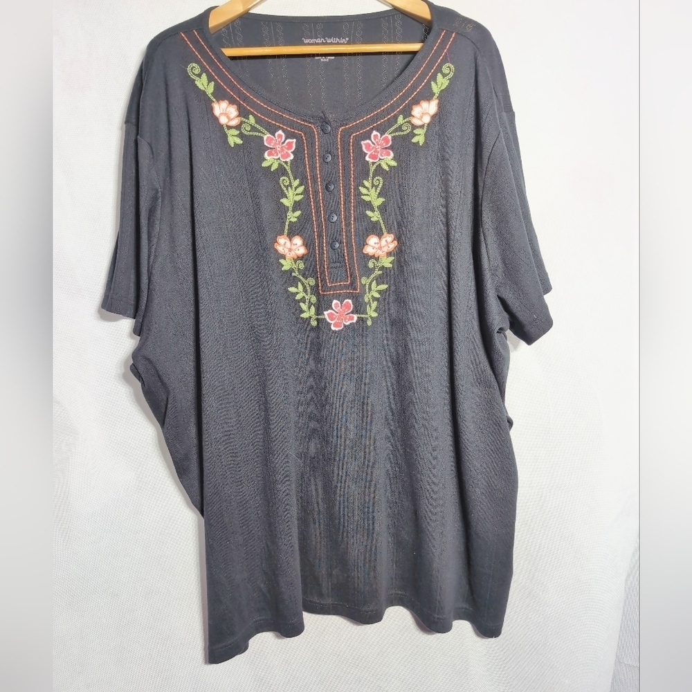 Woman Within 4X Black Tunic with Floral Embroidery